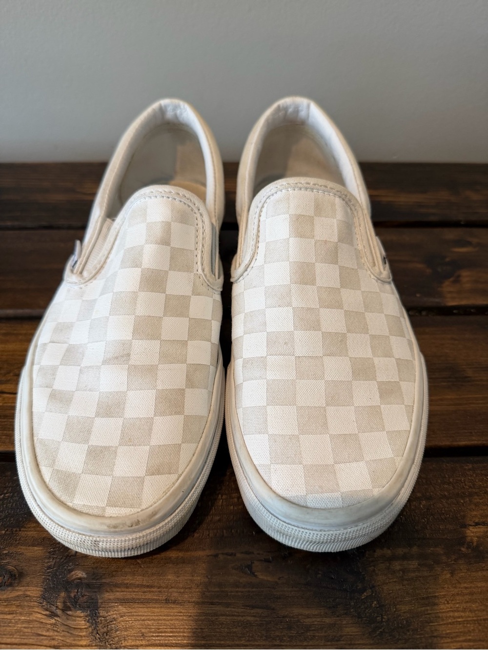 Vans Slip-On Checkerboard Sneakers in Off-White and Beige